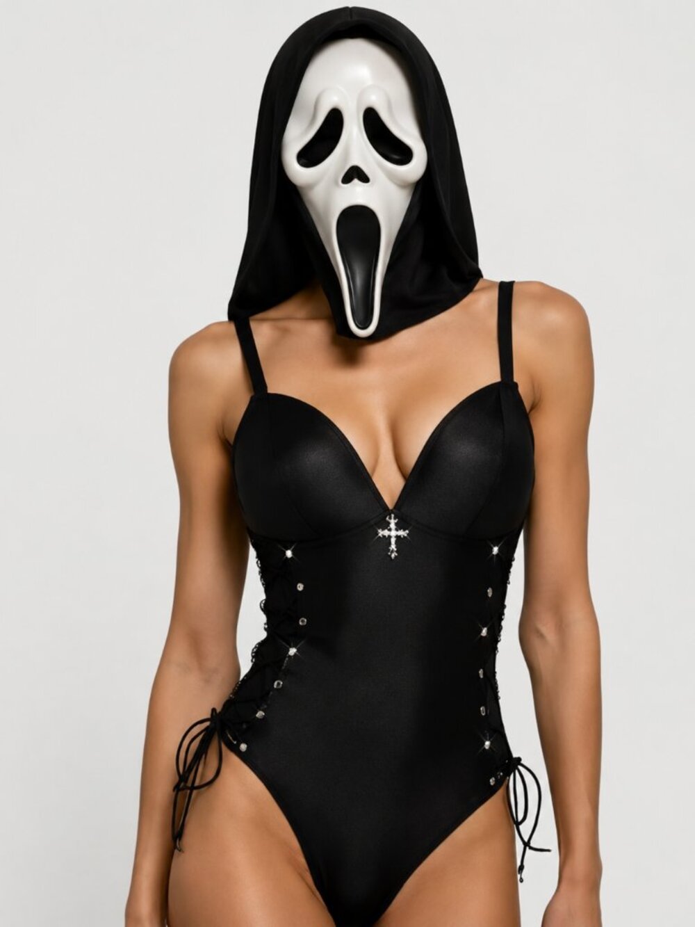 Goth Cross Pendant Faux Leather Bodysuit Black Punk Rave Teddy